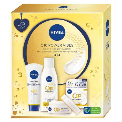 Nivea Q10 Power Vibes dárková kazeta proti vráskám pro ženy denní pleťový krém Q10 Anti-Wrinkle Power 50 ml + čístící pleťové mléko Q10 Anti-Wrinkle Power 200 ml + krém na ruce Q10 Hand Cream 100 ml