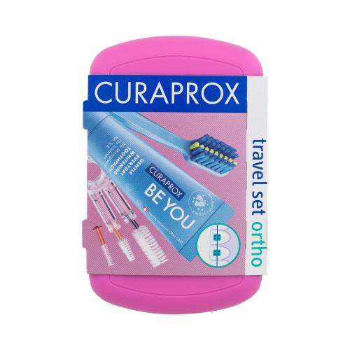Curaprox Travel Ortho Pink sada skládací zubní kartáček CS 5460 Ortho 1 ks + zubní pasta Be You Daydreamer Blackberry & Licorice 10 ml + držák na mezizubní kartáčky 1 ks + mezizubní kartáček 3 ks
