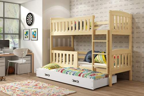 Dětská patrová postel Kubus - 3 osoby, 80x190 s výsuvnou přistýlkou – Borovice, Bílá