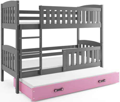 Dětská patrová postel Kubus - 3 osoby, 80x190 s výsuvnou přistýlkou – Grafitová, Růžová