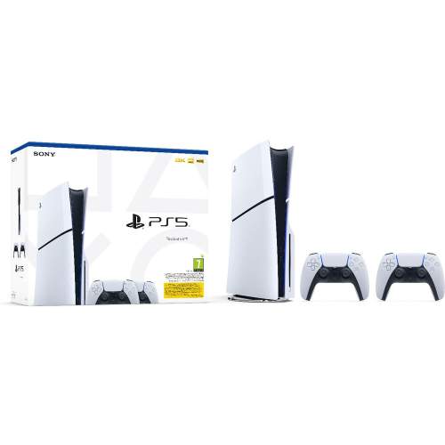 Sony PlayStation 5 (Model Slim) + PlayStation 5 DualSense Wireless Controllers, black & white