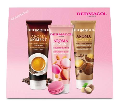 Dermacol Aroma Moment Be Delicious unisex dárková sada sprchový gel Coffee Shot 250 ml + sprchový gel Almond Macaroon 250 ml + sprchový gel Macadamia Truffle 250 ml unisex