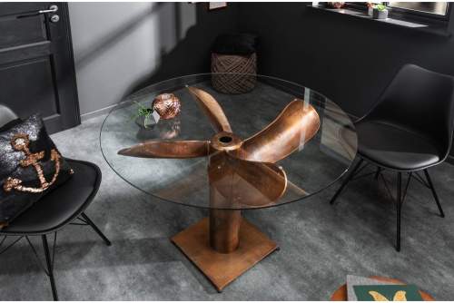 Estila Industriální bronzový jídelní stůl Helic ve tvaru lodního šroubu s kulatou deskou ze skla 94cm