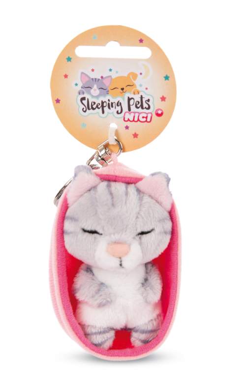 NICI klíčenka Spící kočička 8cm šedá pruhovaná světle růžový