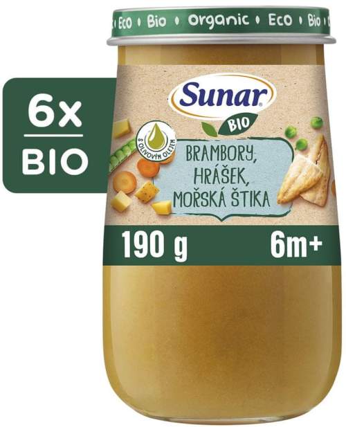 Sunar BIO příkrm brambory, hrášek, mořská štika, olivový olej 6m+ 6 x 190 g