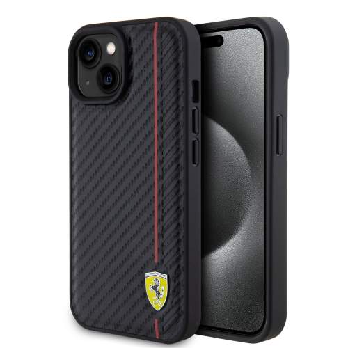 Ferrari PU Leather Carbon Vertical Red Line Zadní Kryt pro iPhone 15 Black FEHCP15SN3DUR
