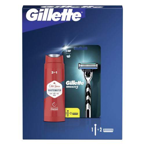 Gillette Mach3 pánský dárková sada holicí strojek 1 ks + náhradní hlavice 1 ks + sprchový gel a šampon Old Spice Whitewater 3in1 250 ml pro muže