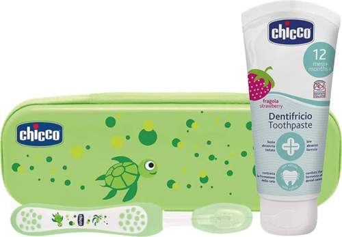 CHICCO Set zubní kartáček a pasta s fluorem v pouzdře Always Smiling zelená 12m+