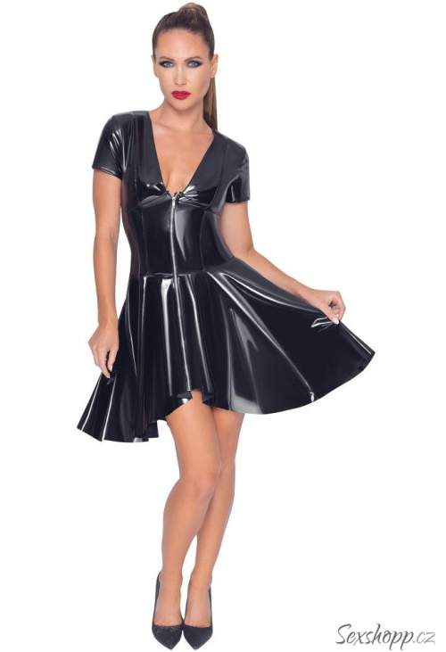 Black Level Lakované šaty se zipem a asymetrickou skládanou sukní L