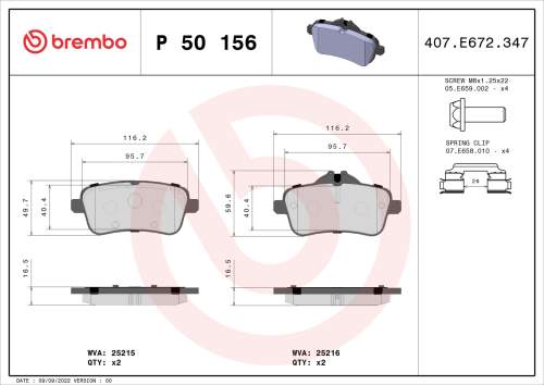 Sada brzdových destiček, kotoučová brzda BREMBO P 50 156