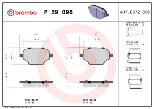 Sada brzdových destiček, kotoučová brzda BREMBO P 59 098