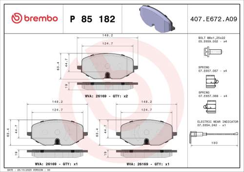 Sada brzdových destiček, kotoučová brzda BREMBO P 85 182