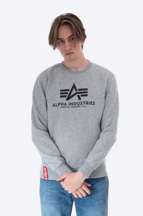 Alpha Industries Mikina Basic Sweater pánská, šedá barva, s potiskem, 178302.17