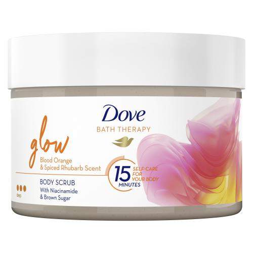 Dove Bath Therapy Glow Body Scrub 295 ml tělový peeling s vůní červeného pomeranče a rebarbory pro ženy
