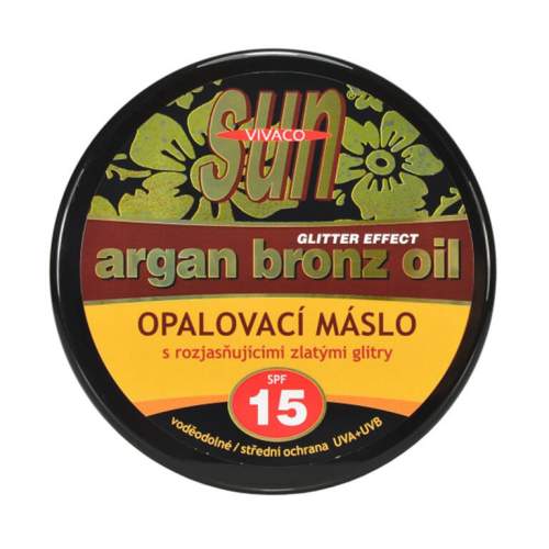 Vivaco Sun Argan Bronz Oil Glitter Effect SPF15 200 ml voděodolné opalovací máslo s arganovým olejem a třpytkami unisex