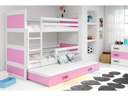 Dětská patrová postel Rico - 3 osoby, 90x200 s výsuvnou přistýlkou – Bílá, Růžová