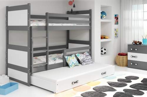 Dětská patrová postel Rico - 3 osoby, 90x200 s výsuvnou přistýlkou – Grafitová, Bílá