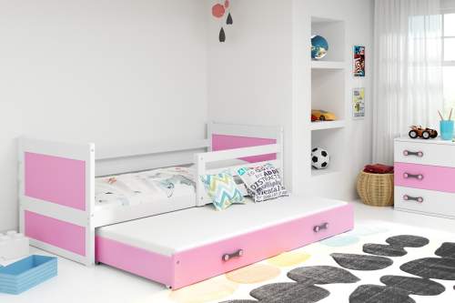 Dětská postel Rico - 2 osoby, 80x190 s výsuvnou přistýlkou – Bílá, Růžová