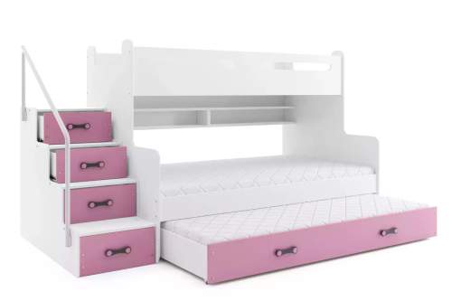 Dětská patrová postel Max 3 - 3 osoby – růžová 200x120 s přistýlkou