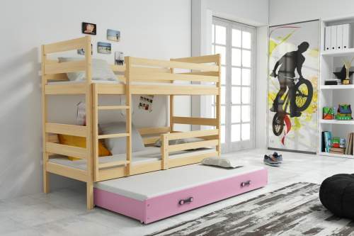 Dětská patrová postel Eryk - 3 osoby, 80x160 s výsuvnou přistýlkou – Borovice, Růžová
