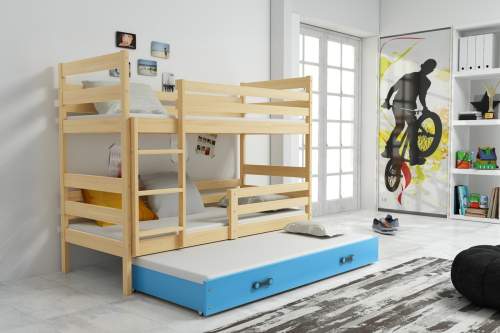 Dětská patrová postel Eryk - 3 osoby, 80x160 s výsuvnou přistýlkou – Borovice, Modrá
