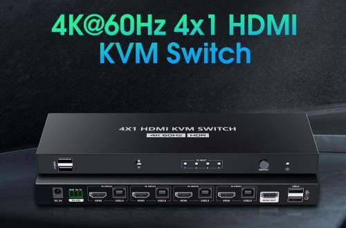 Switch 4K@60Hz HDMI2.0 KVM 4:1 s dálkovým ovladačem