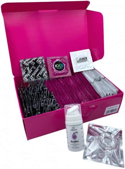 Sada zesílených kondomů – Anal pack (72 ks)+ SE anální lubrikační gel 15ml + erekční kroužek + dárek SKYN 5 Senses kondomy