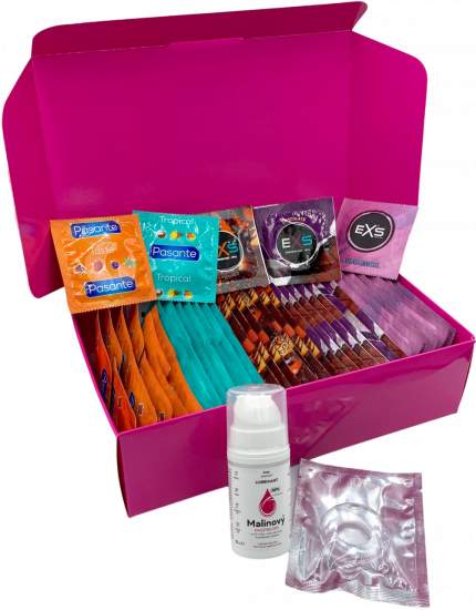 Sada ochucených kondomů – Tasty pack (72 ks) + SE malinový lubrikační gel 15 ml + erekční kroužek