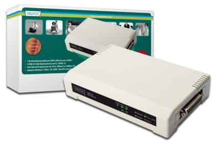 Digitus USB a paralelní tiskový server, 3 porty 1x RJ45, 2x USB A, 1x Centronics DB-36-pinová samec, DN-13006-1