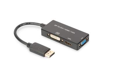 Digitus DisplayPort Kabelový převodník, DP - HDMI+DVI+VGA M-F/F/F, 0,2 m, multimediální kabel 3v1, CE, zlato, bl AK-340418-002-S