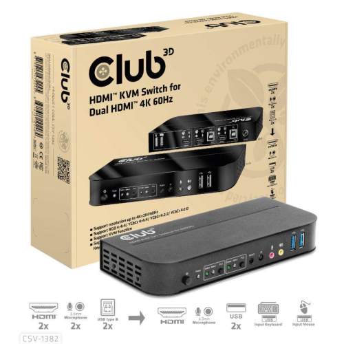 Club3D síťový přepínač - Switch, HDMI KVM Switch - Dual HDMI 4K 60Hz (CSV-1382)