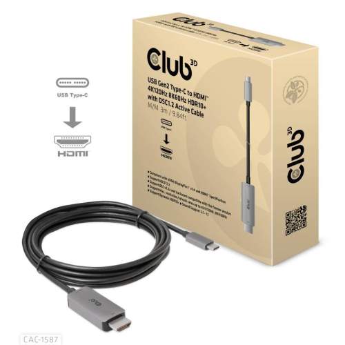 Club3D kabel USB-C na HDMI, 4K120Hz 8K60Hz HDR10 s DSC1.2, Aktivní kabel, M/M, 3m (CAC-1587)