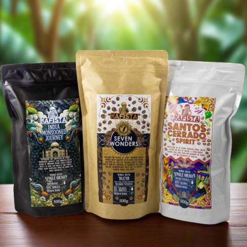 Kafista exkluzivní sada zrnkových káv Monzunová Robusta, Brazílská Arabica & Seven Wonders Směs Fairtrade 3x500g