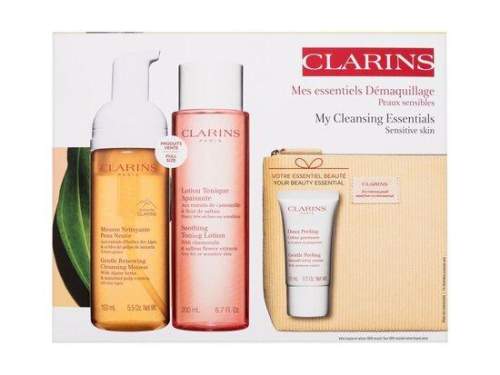 Clarins My Cleansing Essentials Sensitive Skin : pleťová čisticí pěna Gentle Renewing Cleansing Mousse 150 ml + pleťové tonikum Soothing Toning Lotion 200 ml + pleťový peeling Gentle Peeling 15 ml + eko kosmetická taštička pro ženy