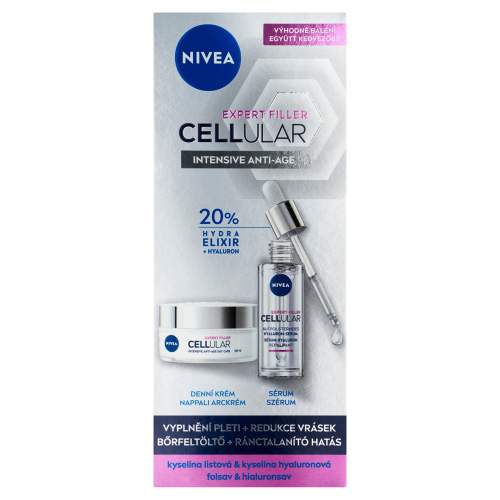 Nivea Cellular Expert Filler Intensive Anti-Age dárková kazeta proti vráskám pro ženy pleťové sérum Cellular Expert Filler Replumping Hyaluron Serum 30 ml + denní pleťový krém Cellular Expert Filler Intensive Anti-Age Day Care SPF15 50 ml