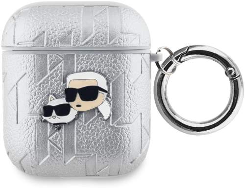 Karl Lagerfeld PU Embossed Karl and Choupette Heads pouzdro AirPods 1/2 stříbrné