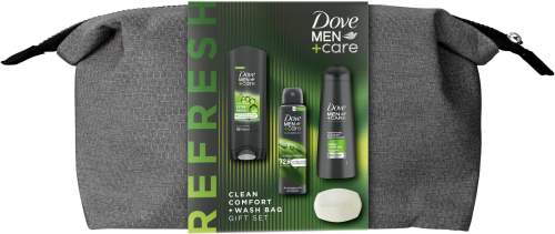 Dove Men + Care Refresh dárková kazeta M sprchový gel Men Care Extra Fresh 250 ml + antipesrpirant Men Care Advanced Extra Fresh 150 ml + tuhé mýdlo Men Care Extra Fresh 90 g + šampon a kondicionér Men Care Fresh Clean 2in1 250 ml + kosmetická taštička