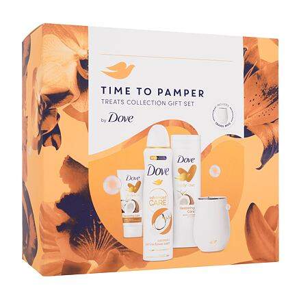 Dove Time To Pamper Treats Collection Gift Set dárková kazeta pro ženy tělové mléko Body Love Restoring Care 250 ml + krém na ruce Body Love Restoring Care 75 ml + antiperspirant Advanced Care Coconut & Jasmine Flower Scent 150 ml + cestovní hrnek