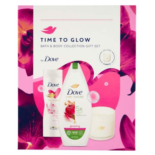 Dove Time To Glow Bath & Body Collection : sprchový gel Care By Nature Glowing 225 ml + tělové mléko Body Love Glowing Care 250 ml + vonná svíčka 1 ks pro ženy