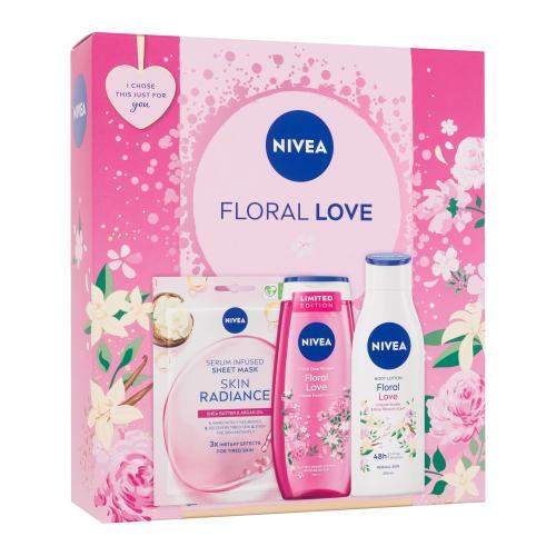 Nivea Floral Love dárková kazeta pro ženy sprchový gel Floral Love 250 ml + tělové mléko Floral Love 250 ml + pleťová maska Skin Radiance 1 ks