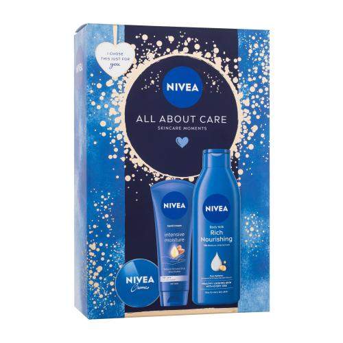 Nivea All About Care dárková kazeta pro ženy univerzální krém Creme 30 ml + krém na ruce Intensive Moisture 100 ml + tělové mléko Rich Nourishing 250 ml