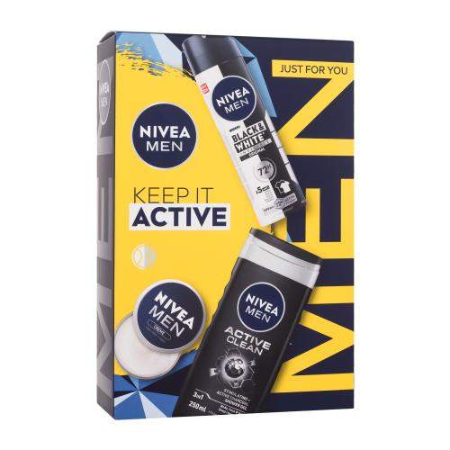 Nivea Men Keep It Active pánský dárková sada krém na obličej, tělo a ruce Men Creme 30 ml + antiperspirant Men Invisible Black & White Original 150 ml + sprchový gel Men Active Clean 250 ml pro muže