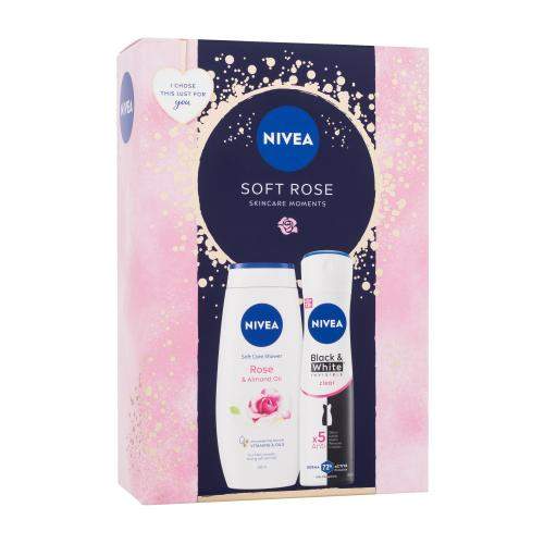 Nivea Soft Rose dárková kazeta deospray pro ženy antiperspirant Invisible Black & White Clear 150 ml + sprchový gel Rose & Almond Oil 250 ml