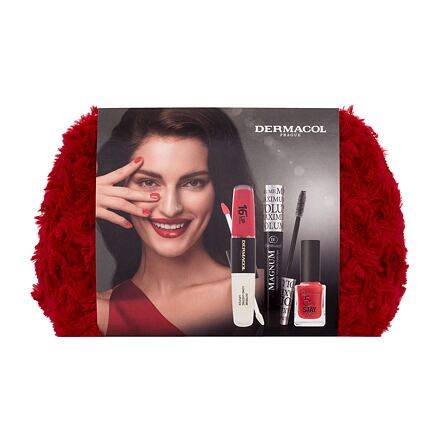 Dermacol Magnum Maximum Volume dámská odstín černá dárková sada řasenka Magnum Maximum Volume 9 ml Black + dlouhotrvající rtěnka 16H Lip Colour 8 ml 20 + lak na nehty 5 Day Stay 11 ml 21 + kosmetická taštička