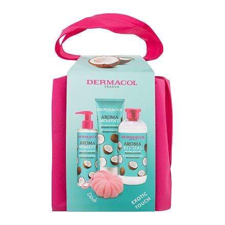 Dermacol Aroma Moment Brazilian Coconut dárková kazeta unisex sprchový gel Brazilian Coconut 250 ml + pěna do koupele Brazilian Coconut 500 ml + tekuté mýdlo Brazilian Coconut 250 ml + mycí houba + taška