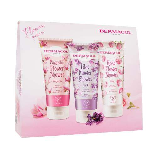 Dermacol Flower Power dámský dárková sada sprchový krém Magnolia Flower 200 ml + sprchový krém Lilac Flower 200 ml + sprchový krém Rose Flower 200 ml pro ženy