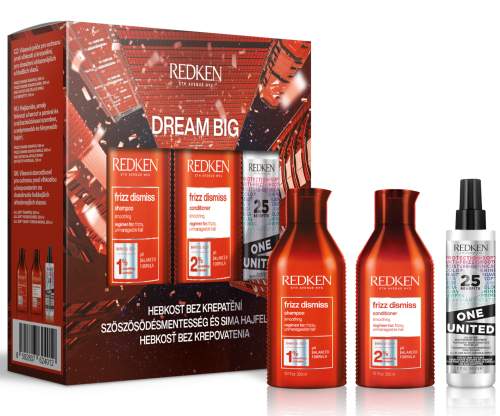 Redken Frizz Dismiss Dream Big dárková kazeta pro ženy šampon Frizz Dismiss 300 ml + kondicionér Frizz Dismiss 300 ml +  vlasová péče One United All-In-One Multi-Benefit Treatment 150 ml