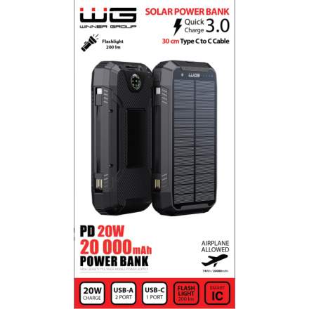 Winner Solární powerbanka 20000 mAh PD20W QC 3.0 Černá 12171