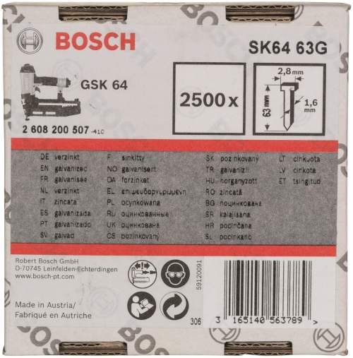 BOSCH Hřeby se zápustnou hlavou SK64 63G 1,6 mm, 63 mm, pozinkovaný 2.608.200.507