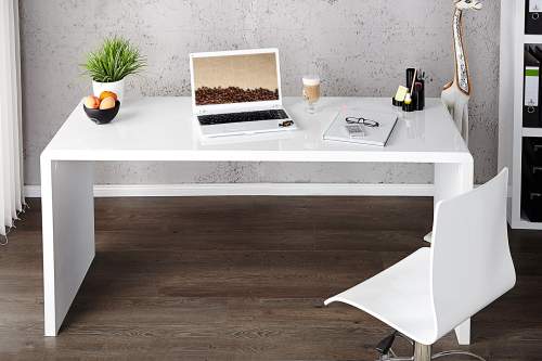 Moebel Living Bílý lesklý dřevěný pracovní stůl Bersh 140 x 60 cm